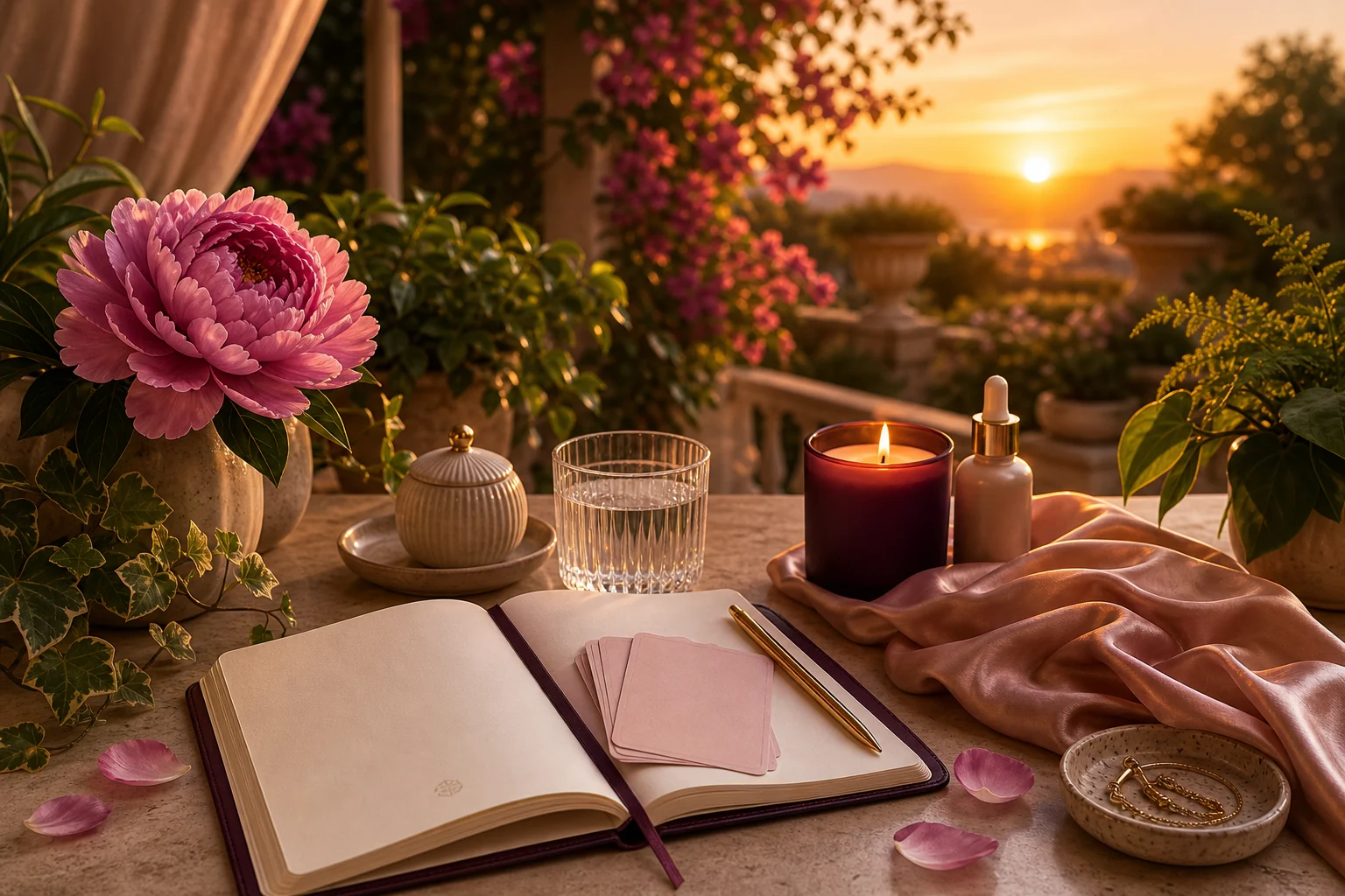 Guided journal, affirmation cards, water, skincare, candle, peony, plants, and sunset garden light styled for a BFabulus reset routine.