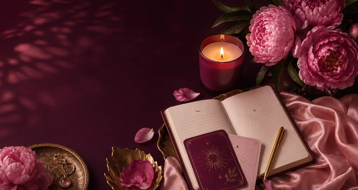 Soft luxury self-care ritual with candle, peonies, journal, silk, affirmation cards, and gold pen.