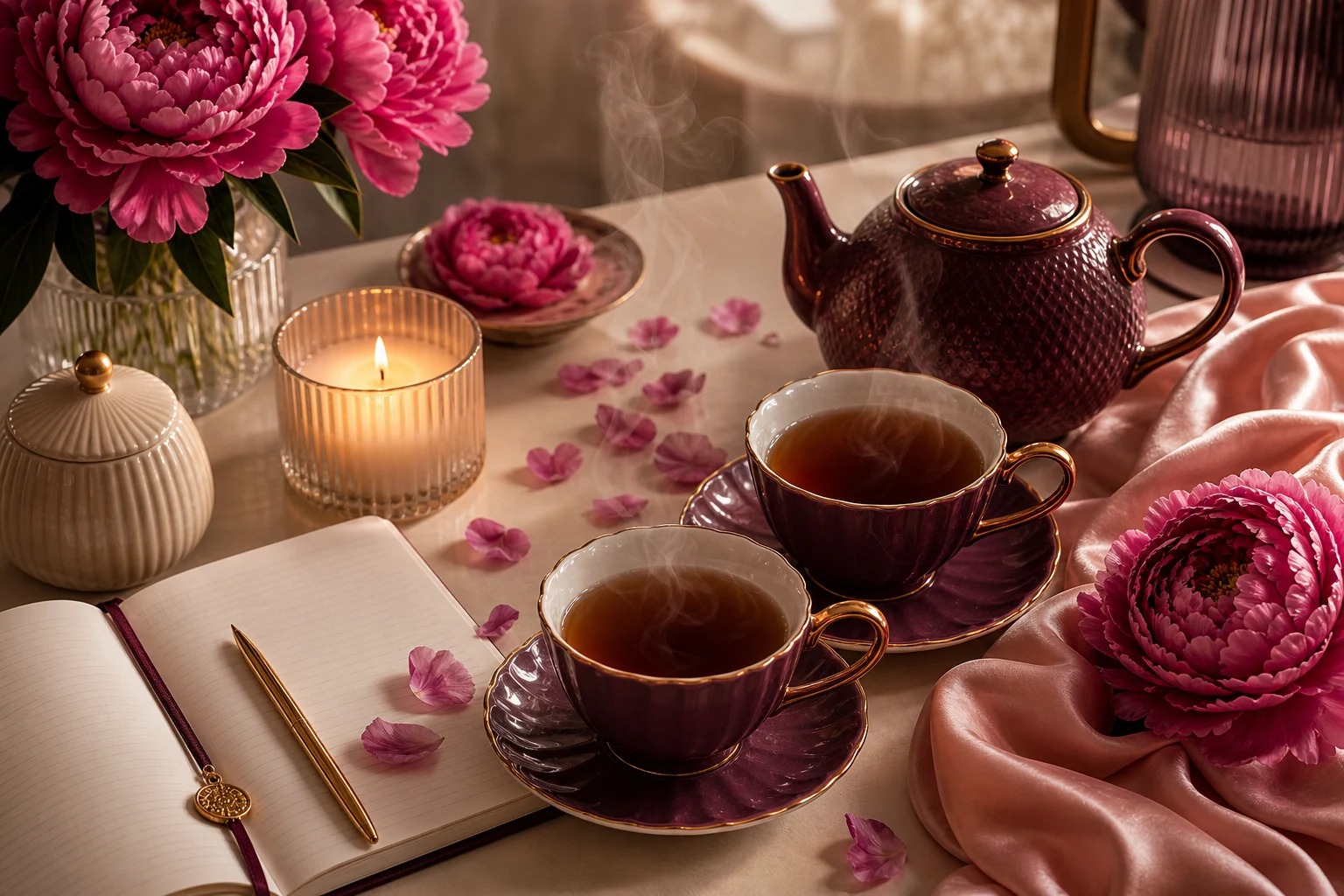 Two teacups, teapot, journal, candle, peonies, silk, and gold pen arranged for a calm BFabulus Tea Time content setting.