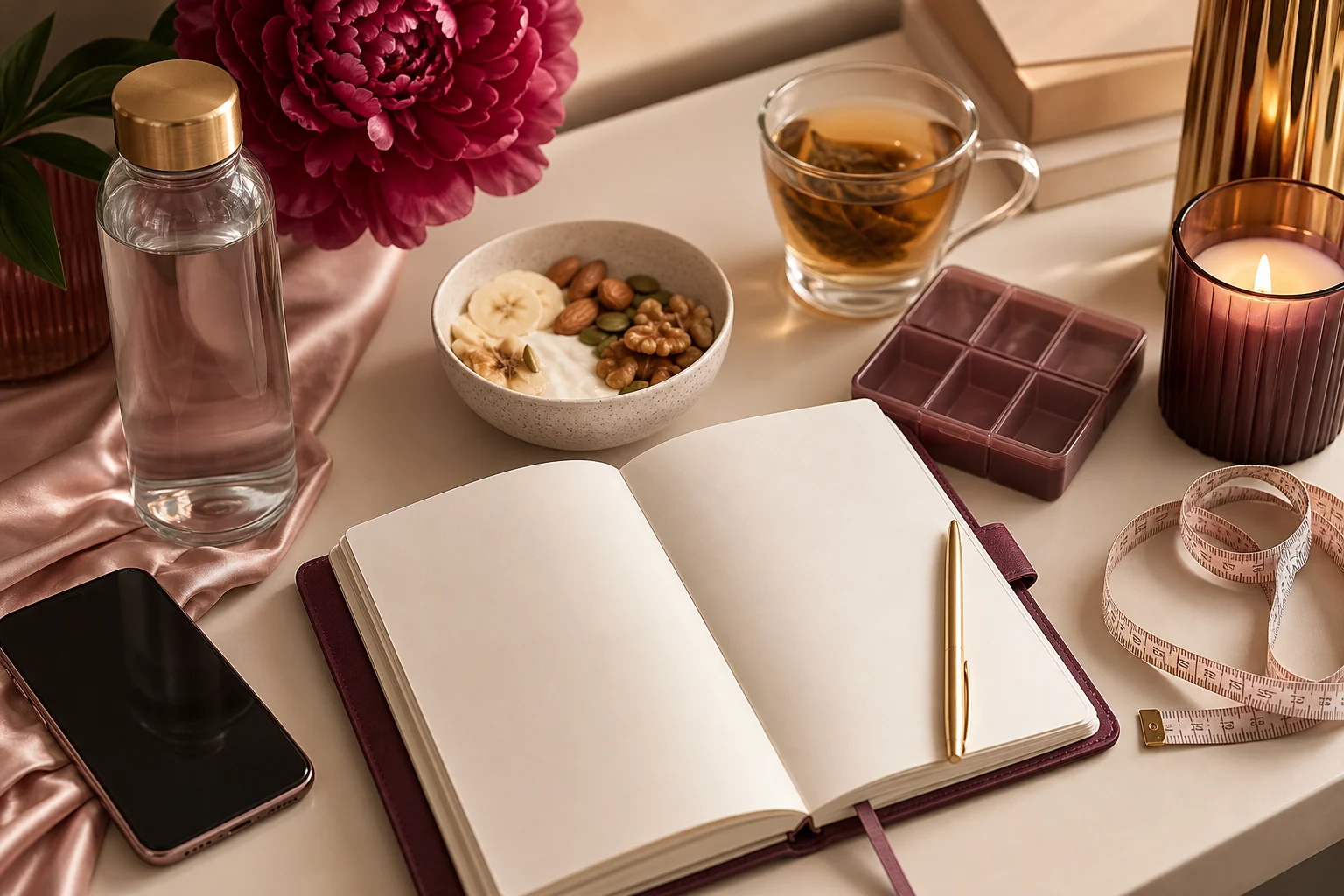 Wellness journal, water, tea, nourishing snack, candle, peony, and gold pen styled for a wellness journey story.