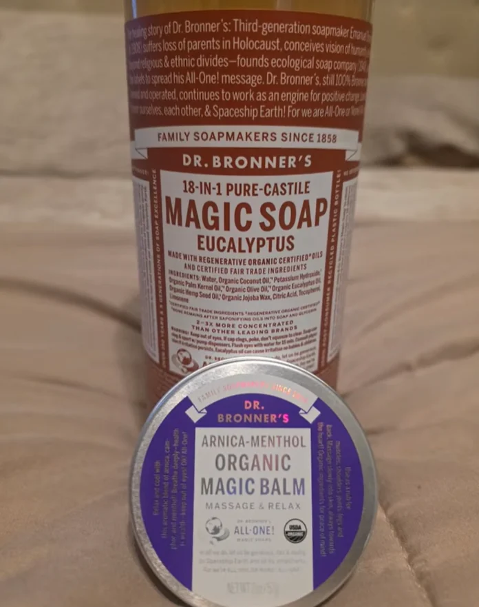 Dr. Bronner's soap and balm photographed for natural bath and body content.