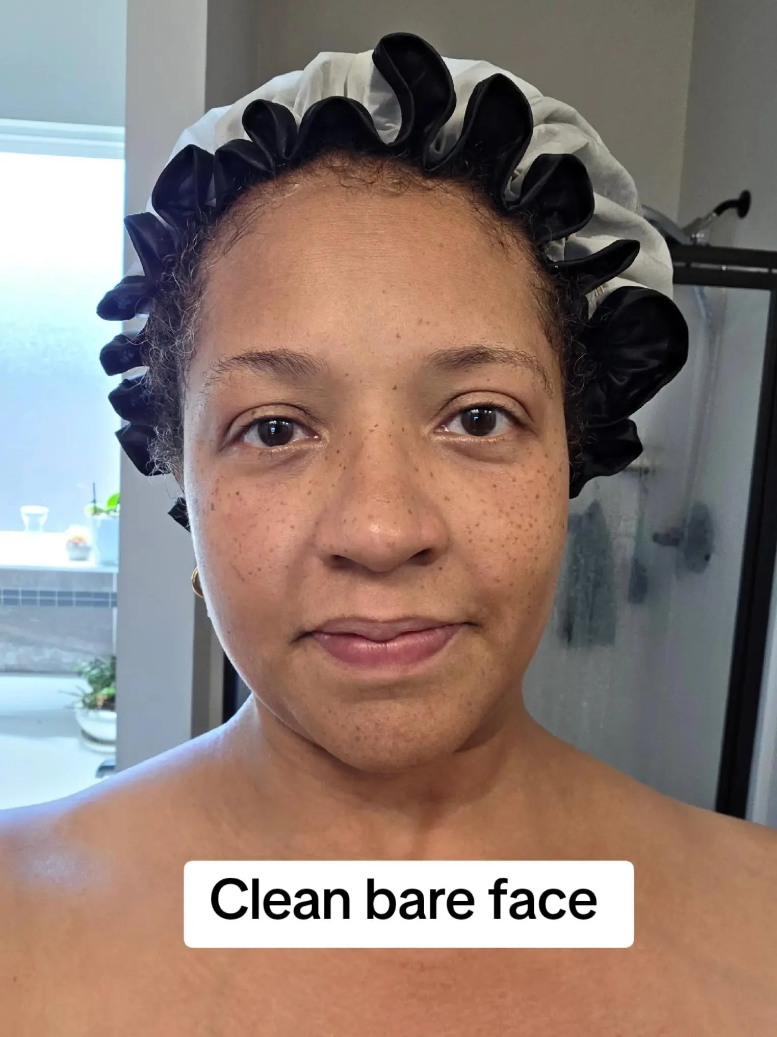 Bare Faced to BFabulus reset routine TikTok poster showing a clean bare face before a morning beauty routine.