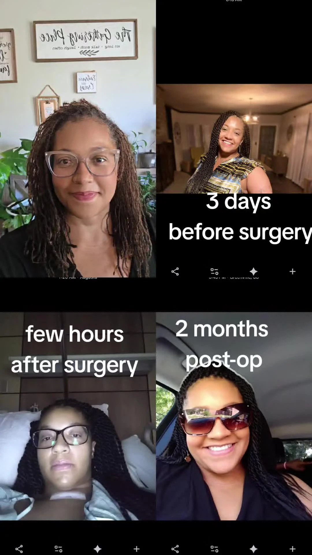 I Celebrate Me surviving thyroid cancer TikTok poster showing Atoya before surgery, after surgery, and two months post-op.